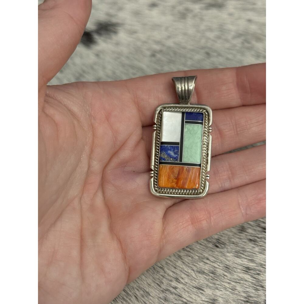 Running Bear Sterling Silver Inlay Pendant Turquoise Spiny Onyx Lapis MOP Multi